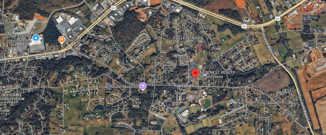 Satellite view of Greeneville TN with New Nest Realty location noted 