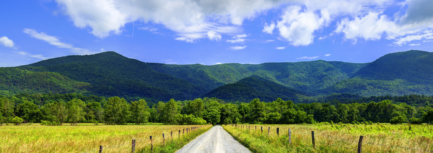 Gravel road running thru beautiful farmland in East Tennessee with Blue Ridge Mountains in the distance